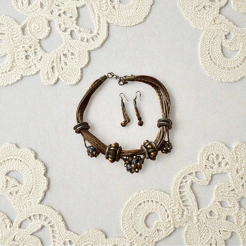 Beautiful sparklybrown and gold necklace with matching earrings bracelet is free
